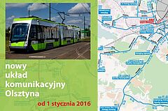Fragment ulotki z nowym układem komunikacyjnym. Po lewej jadący po torowisku tramwaj, po prawej fragment mapy Olsztyna z zaznaczonymi liniami autobusowymi, tramwajowymi oraz przystankami