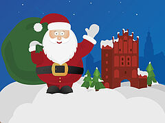 Grafika promująca akcję zdrowe i bezpieczne święta. Święty Mikołaj z zielonym workiem prezentów na tle Wysokiej Bramy
