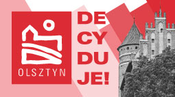 Po lewej stronie na grafice znajduje się logo miasta, po prawej olsztyński zamek
