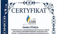 fragment certyfikatu "Samorządowy Lider Edukacji" przyznany Gminie Olsztyn