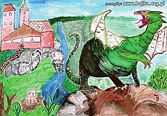 Plakat Światowych Dni Bajki - na nim smok, owieczka, rzeka, zamek w tle